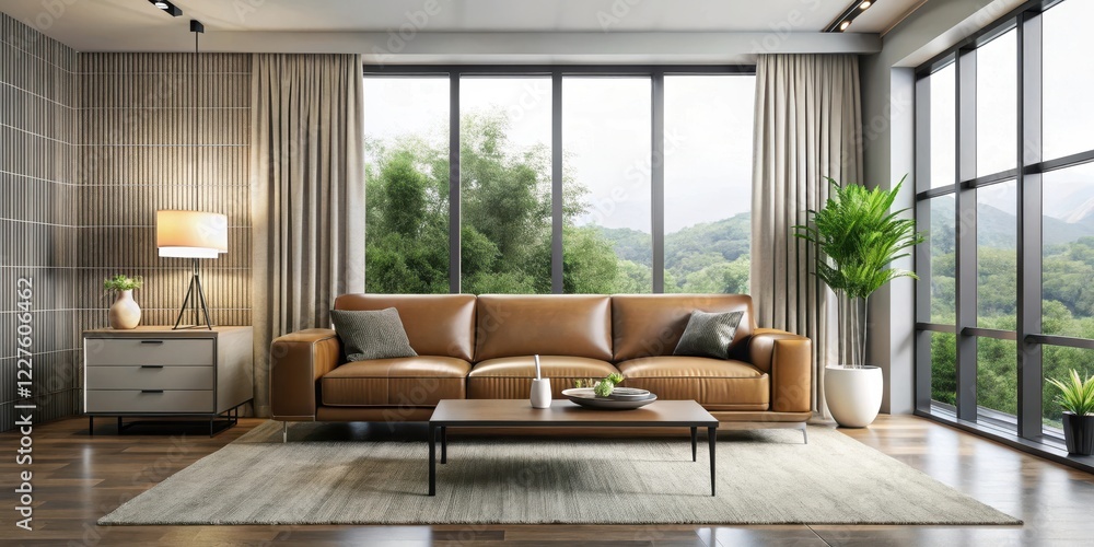 Fototapeta premium Modern living room with sleek furniture and neutral color palette featuring a large window with natural light pouring in, leather sofa, neutral colors