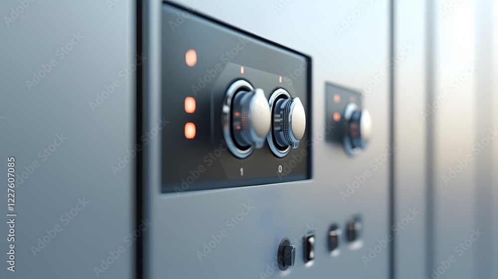 98. A detailed high-tech power switch with sleek buttons and controls, placed on a white background 98. A detailed high-tech power switch with sleek buttons and controls, placed on a white background