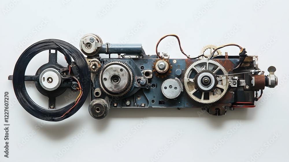 100. A mechanical electrical device with exposed gears and wiring, displayed against a white surface 100. A mechanical electrical device with exposed gears and wiring, displayed against a white surface