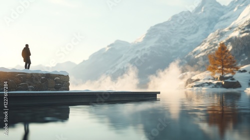 Winter hiker standing near steaming thermal pool, gazing at snow covered mountain range, golden larch tree, misty lake landscape beneath dramatic alpine scenery photo