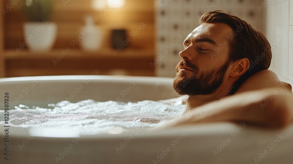 Mature man with beard soaking in bubbling hot tub, experiencing relaxation within minimalist wooden bathroom, surrounded by serene wellness atmosphere