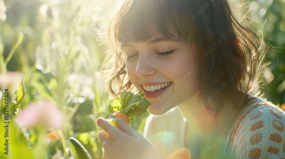 Girl smelling a carrot in a garden bathed in sunlight Girl smelling a carrot in a garden bathed in sunlight