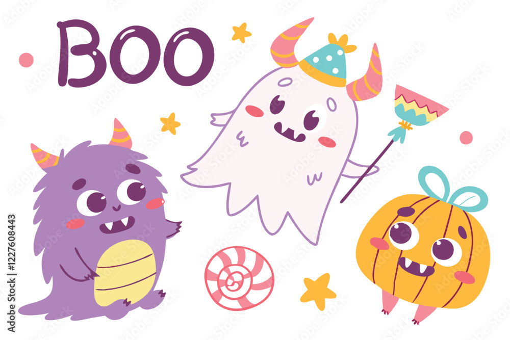 Fototapeta premium Cute cartoon monsters, colorful creatures, hand-drawn style, playful characters, various shapes and sizes, friendly expressions, purple, pink, blue, green, orange, yellow accents, fluffy textures, hor