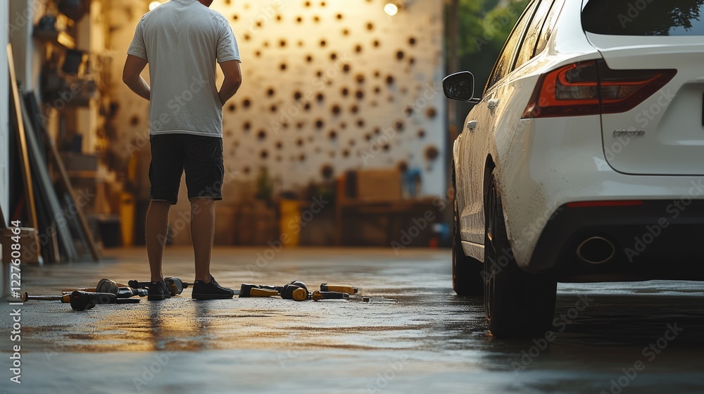 Seasoned mechanic pausing amid gleaming workspace, surrounded by wet floor and scattered tools near freshly cleaned white vehicle, deep in professional reflection
