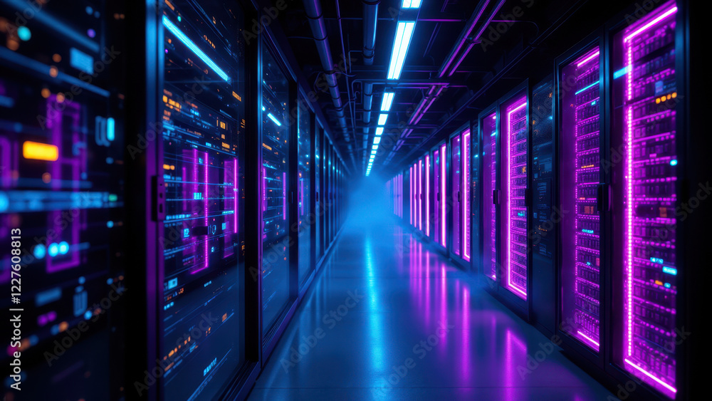 A long server room filled with racks of servers illuminated by neon lights. A long server room filled with racks of servers illuminated by neon lights.