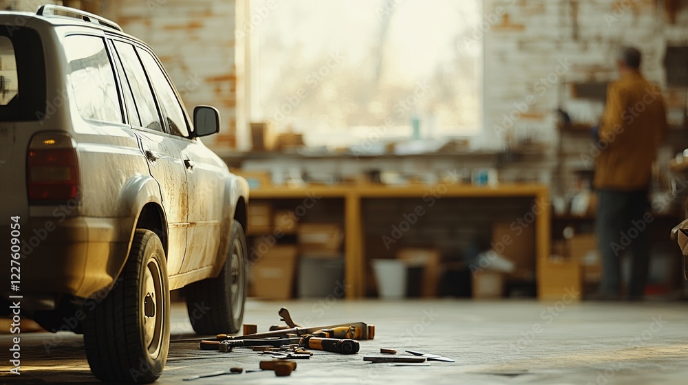 Automotive repair scene, scattered tools, sunlit garage interior, mechanic working on muddy vehicle with workshop background