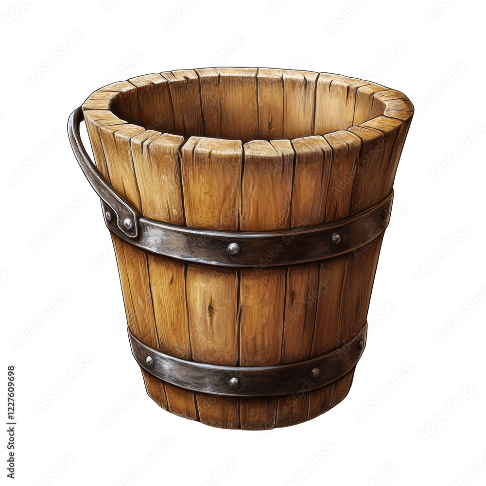 A Rustic Wooden Bucket With Metal Bands A Rustic Wooden Bucket With Metal Bands