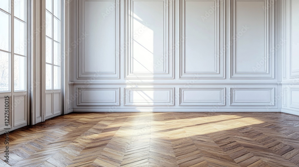 Obraz premium Interior view of a bright modern room featuring elegant parquet flooring and ample natural light streaming through large windows