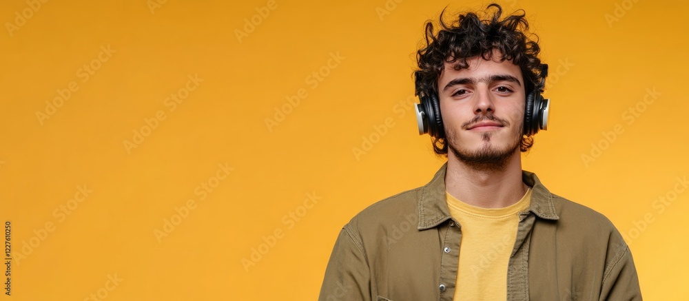 Fototapeta premium Cheerful young man wearing wireless headphones against a bright yellow background with space for text to highlight music enjoyment