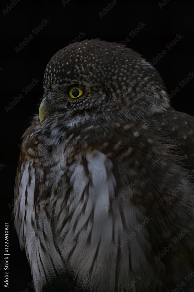 Fototapeta premium Little owl with a black background. 