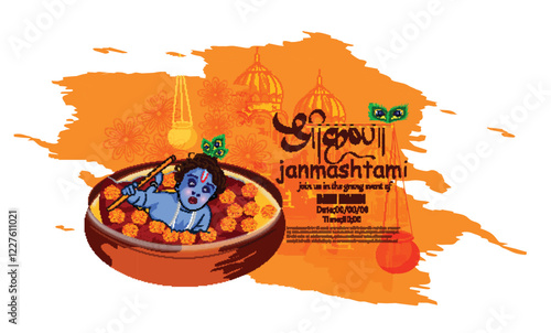 Illustration of happy Janmashtami Lord Krishna in Janmashtami festival of India with hindi calligra.