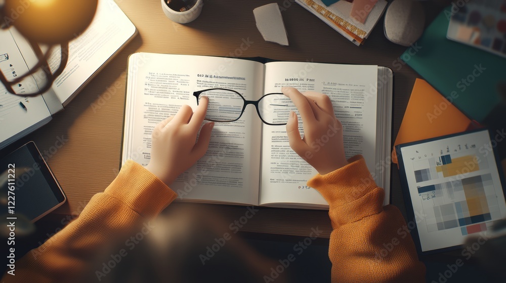 Student reading book late at night, wearing glasses, studying at desk surrounded by educational materials, demonstrating academic commitment