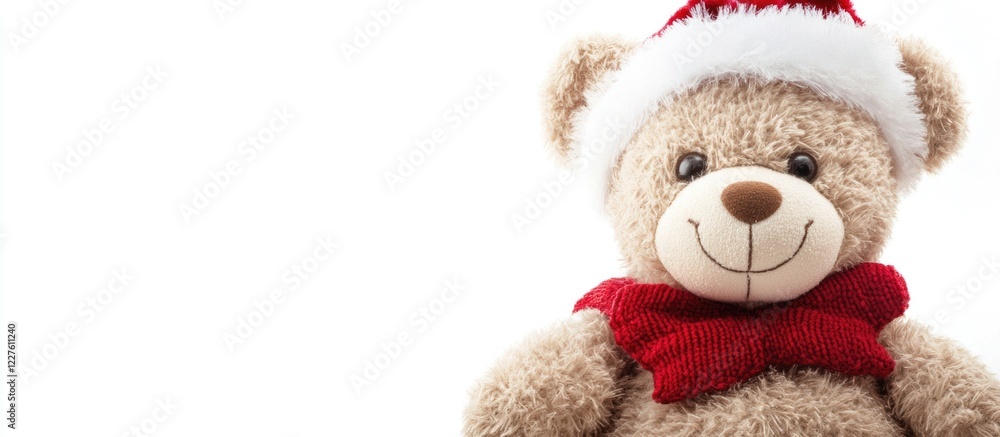Christmas Teddy Bear Plush Toy Smiling with Red Scarf and Santa Hat Isolated on White Background with Space for Copy or Text