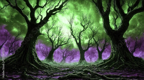 Eerie purple & green forest path, mystical atmosphere, fantasy art, game background