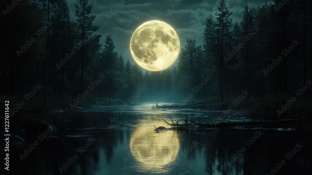 Fototapeta premium Illuminating Full Moon Reflecting on Calm Water Surrounded by Lush Forest at Night
