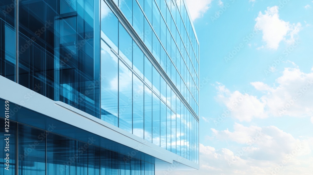 Obraz premium Modern office building with large glass facade reflecting the sky and clouds, showcasing contemporary architectural design and aesthetic appeal.