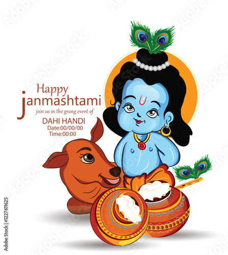 Illustration of happy Janmashtami Lord Krishna in Janmashtami festival of India with hindi calligra.