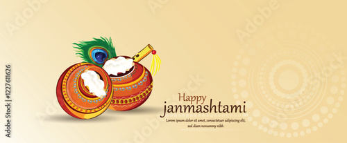 Illustration of happy Janmashtami Lord Krishna in Janmashtami festival of India with hindi calligra.