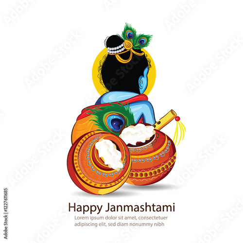 Illustration of happy Janmashtami Lord Krishna in Janmashtami festival of India with hindi calligra.