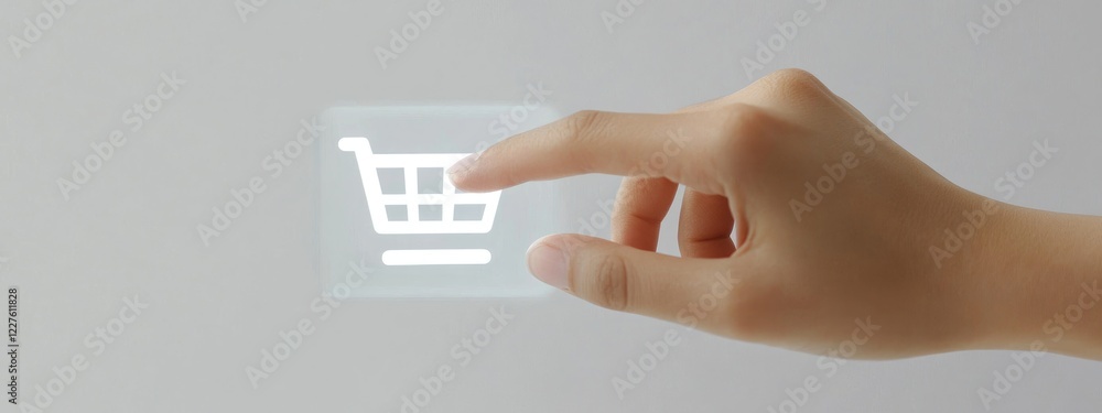 Hand pressing digital shopping cart icon on touchscreen representing online shopping experience with space for promotional text or branding Hand pressing digital shopping cart icon on touchscreen representing online shopping experience with space for promotional text or branding