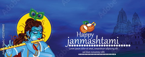 Illustration of happy Janmashtami Lord Krishna in Janmashtami festival of India with hindi calligra.