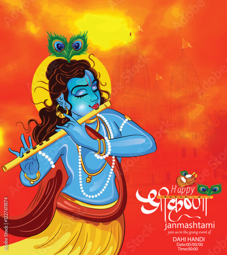 Illustration of happy Janmashtami Lord Krishna in Janmashtami festival of India with hindi calligra.