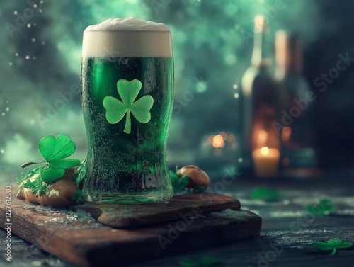 Tall glass of green beer with a shamrock garnish in a dimly lit Irish pub photo