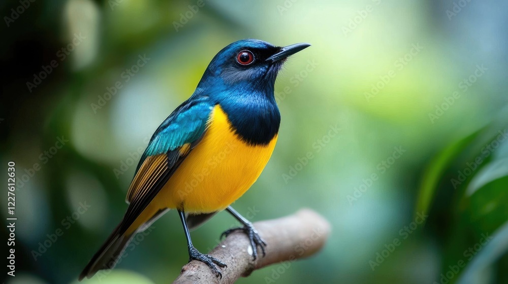 Colorful bird perched on a branch showcasing vibrant blue and yellow plumage in a natural lush background setting. Colorful bird perched on a branch showcasing vibrant blue and yellow plumage in a natural lush background setting.