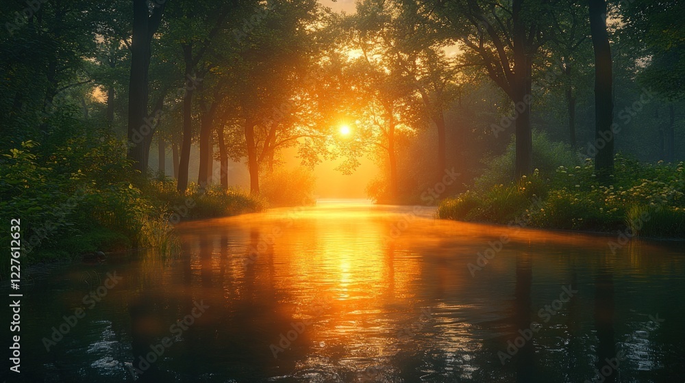 Obraz premium Golden Sunset Glowing Through Misty Forest Trees Over Calm River Water Surface with Reflections in Serene Natural Landscape