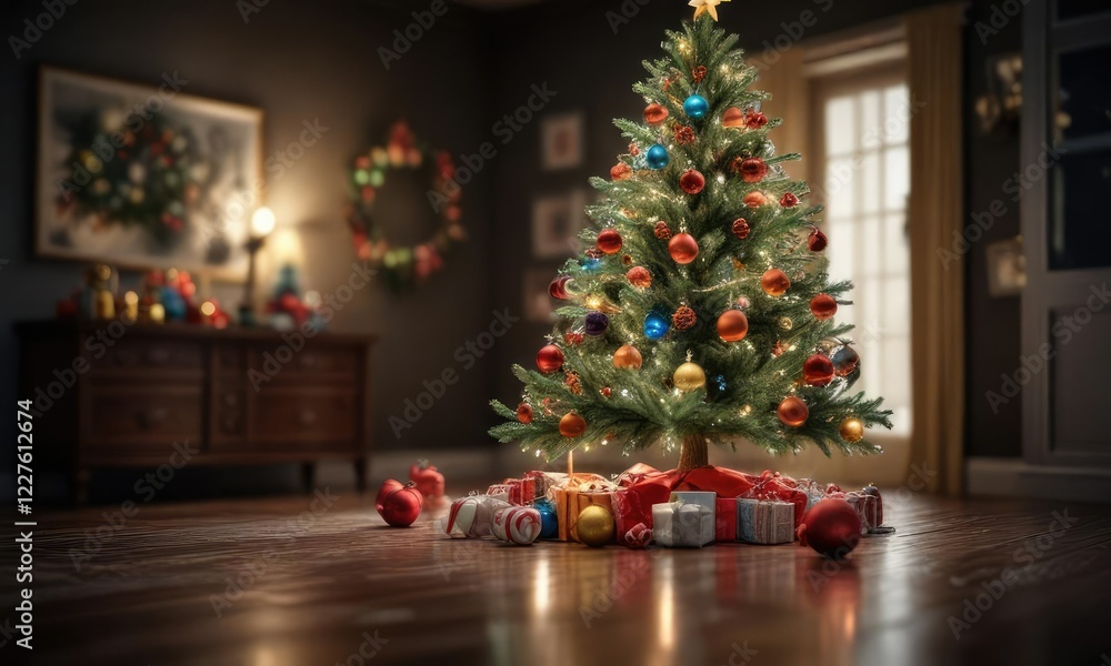 Glittering Christmas tree with ornaments and lights in a dark room, with a blurred background of festive decorations, elegant, winter wonderland, christmas Glittering Christmas tree with ornaments and lights in a dark room, with a blurred background of festive decorations, elegant, winter wonderland, christmas
