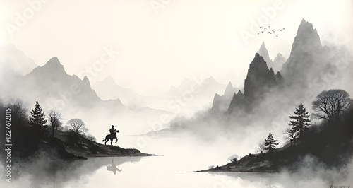 Fototapeta Naklejka Na Ścianę i Meble -  Quiet mountain lake ink painting
