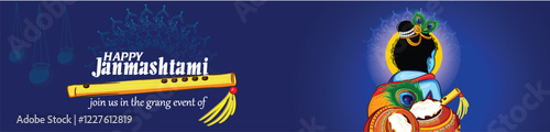 Illustration of happy Janmashtami Lord Krishna in Janmashtami festival of India with hindi calligra.