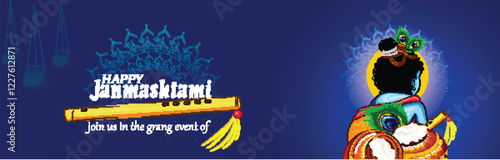 Illustration of happy Janmashtami Lord Krishna in Janmashtami festival of India with hindi calligra.