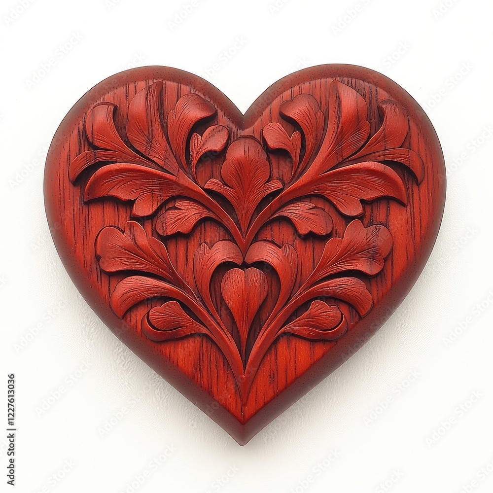 Beautiful Handcrafted Red Wooden Heart with Elegant Floral Carving and Textured Finish Beautiful Handcrafted Red Wooden Heart with Elegant Floral Carving and Textured Finish