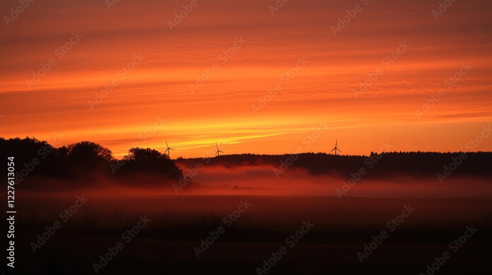 Obraz premium Wind turbine silhouettes in orange sunset over misty field symbolizing renewable energy sustainability and environmental conservation.