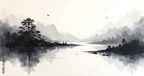 Fototapeta Naklejka Na Ścianę i Meble -  Quiet mountain lake ink painting