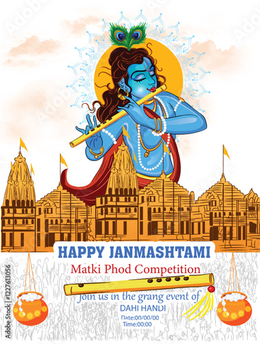 Illustration of happy Janmashtami Lord Krishna in Janmashtami festival of India with hindi calligra.