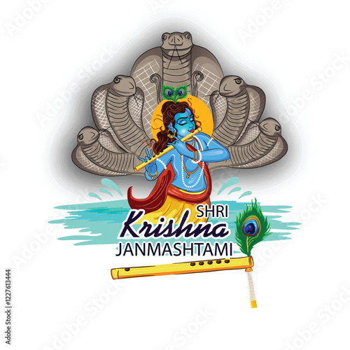 Illustration of happy Janmashtami Lord Krishna in Janmashtami festival of India with hindi calligra.