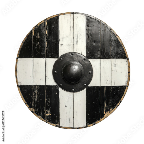 Viking-style round shield with a black and white painted pattern, reinforced with an iron boss and wooden frame, isolated on a transparent background. Perfect for historical and Norse themes photo