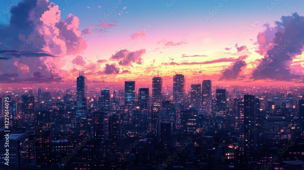 Fototapeta premium Illuminated city skyline at dusk featuring skyscrapers under a colorful sky with clouds and ample space for text placement
