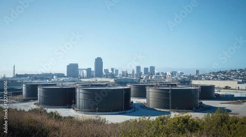 Industrial oil refinery landscape featuring large storage tanks and urban skyline under clear blue sky with ample empty space for text photo