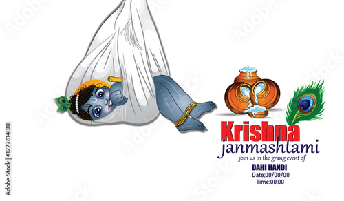 Illustration of happy Janmashtami Lord Krishna in Janmashtami festival of India with hindi calligra.