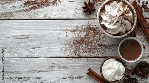 Cozy hot cocoa with whipped cream and cocoa powder on rustic wooden surface perfect for winter themes and seasonal beverages. photo