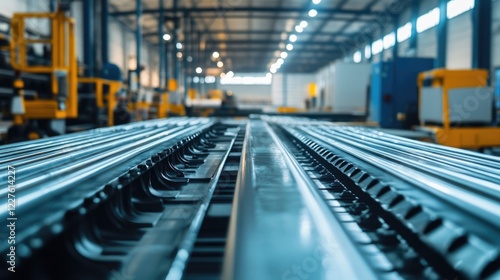 Industrial Roll Forming Machine for Roofing Profiles in Warehouse Production Facility with Steel Components and Equipment in Background
