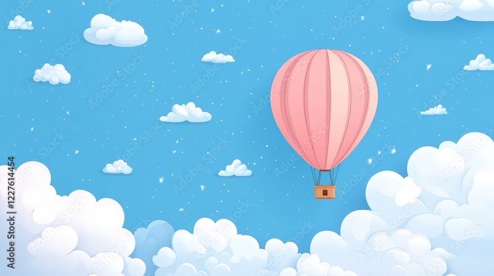 Fototapeta premium Hot air balloon soaring in a bright blue sky surrounded by fluffy white clouds whimsical soft wallpaper design