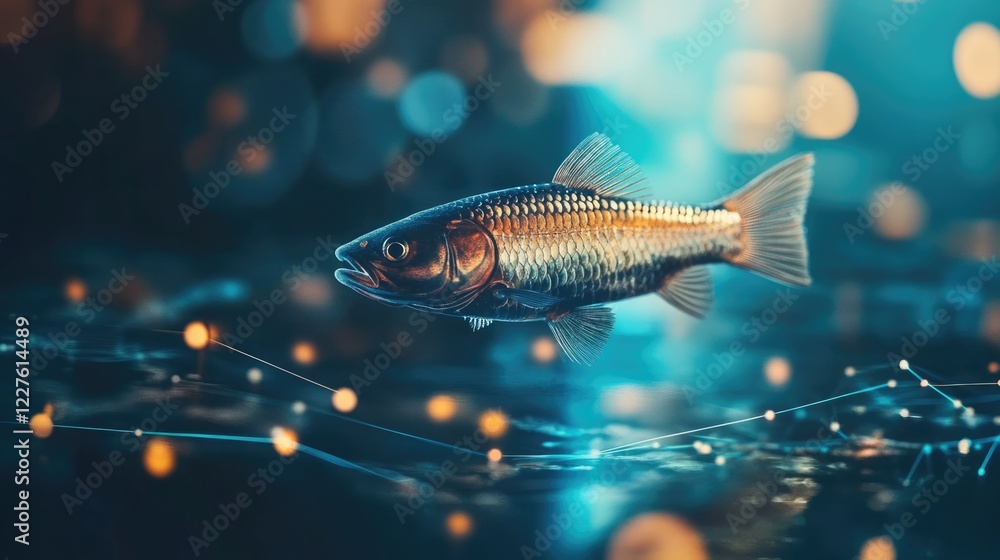 Fototapeta premium Business Innovation and Growth Concept with Fish Swimming in Data Network Overlay and Holographic Effect Ideal for Technology and Economy Themes