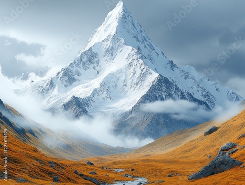 Majestic snow-capped mountain peak towering above golden valley under a cloudy sky photo