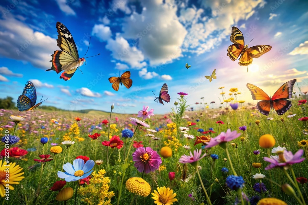 Aerial View of Vibrant Flower Meadow with Butterflies Aerial View of Vibrant Flower Meadow with Butterflies