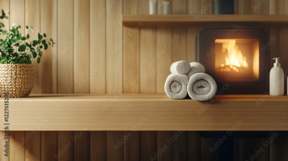 Gray towels neatly rolled, resting on wooden bench near glowing sauna stove, radiating warm, relaxing ambiance