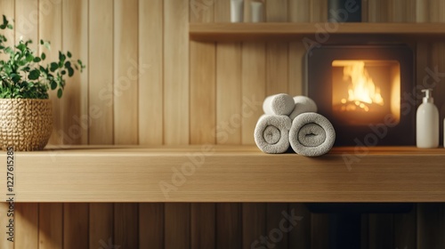 Obraz na płótnie Gray towels neatly rolled, resting on wooden bench near glowing sauna stove, radiating warm, relaxing ambiance w salonie
